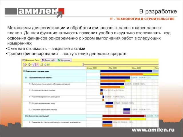 В разработке Механизмы для регистрации и обработки финансовых данных календарных планов. Данная