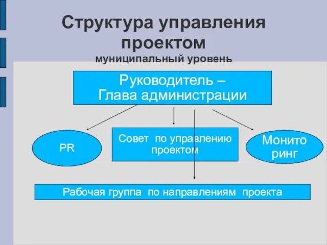 Структура управления проектом муниципальный уровень Руководитель – Глава администрации Совет по управлению