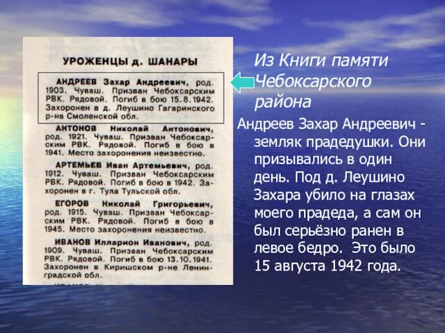 Из Книги памяти Чебоксарского района Андреев Захар Андреевич - земляк прадедушки. Они