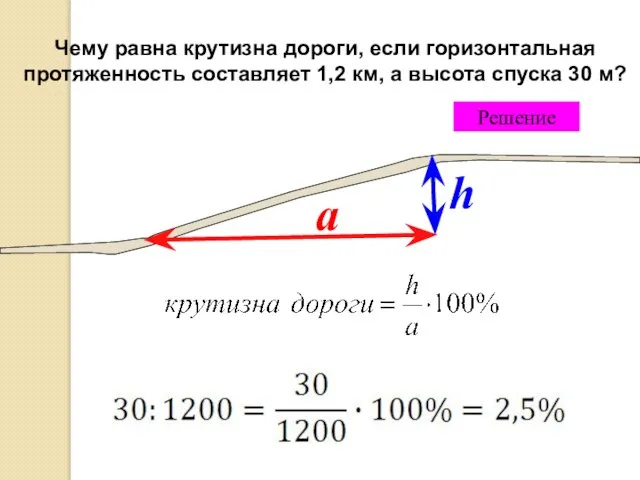 Решение Чему равна крутизна дороги, если горизонтальная протяженность составляет 1,2 км, а