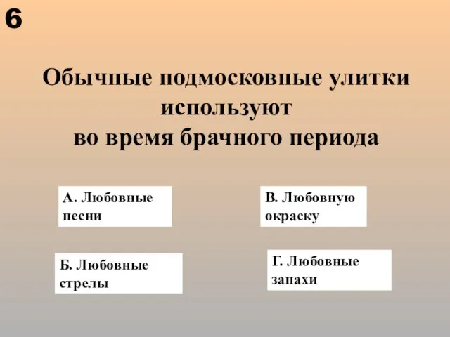 Обычные подмосковные улитки используют во время брачного периода А. Любовные песни Г.