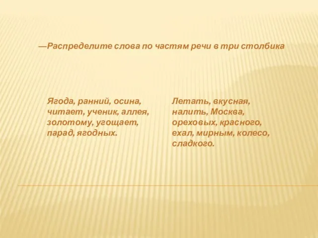 Распределите слова по частям речи в три столбика Ягода, ранний, осина, читает,