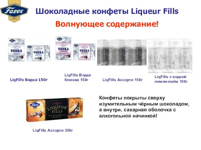 Шоколадные конфеты Liqueur Fills Волнующее содержание! LiqFills Водка 150г LiqFills Ассорти 150г