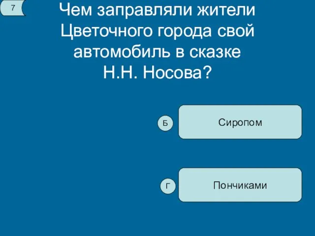 Чем заправляли жители Цветочного города свой автомобиль в сказке Н.Н. Носова? Пончиками Сиропом 7 Б Г