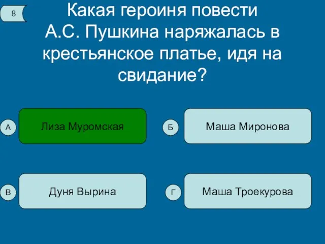 Какая героиня повести А.С. Пушкина наряжалась в крестьянское платье, идя на свидание?