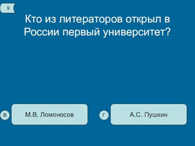 Кто из литераторов открыл в России первый университет? А.С. Пушкин М.В. Ломоносов 9 В Г