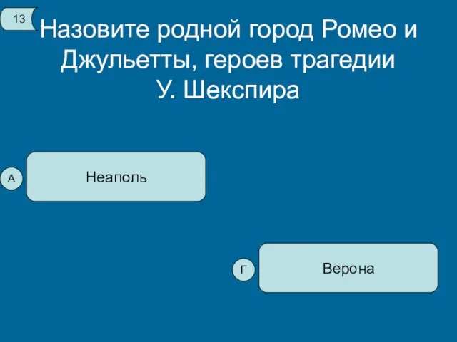 Назовите родной город Ромео и Джульетты, героев трагедии У. Шекспира Неаполь Верона 13 А Г