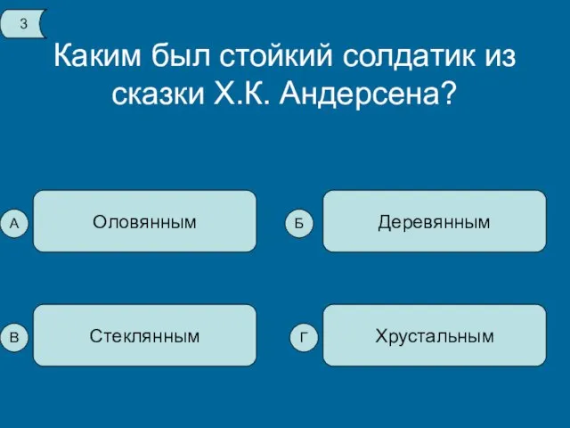 Каким был стойкий солдатик из сказки Х.К. Андерсена? Оловянным Хрустальным Стеклянным Деревянным