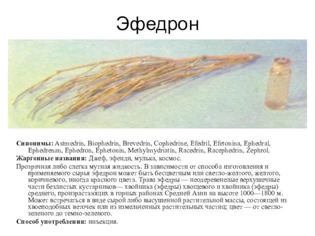 Эфедрон Синонимы: Astmedrin, Biophedrin, Brevedrin, Cophedrine, Efedril, Efetonina, Ephedral, Ephedrenan, Ephedron, Ephetonin,