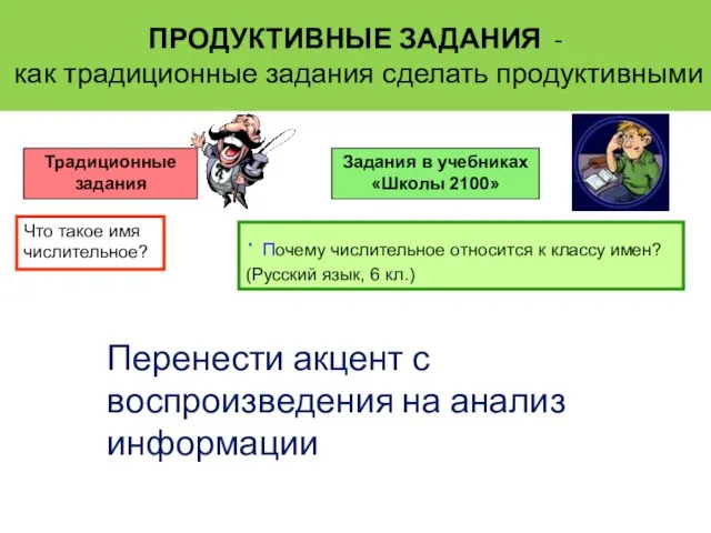 ПРОДУКТИВНЫЕ ЗАДАНИЯ - как традиционные задания сделать продуктивными Традиционные задания Задания в