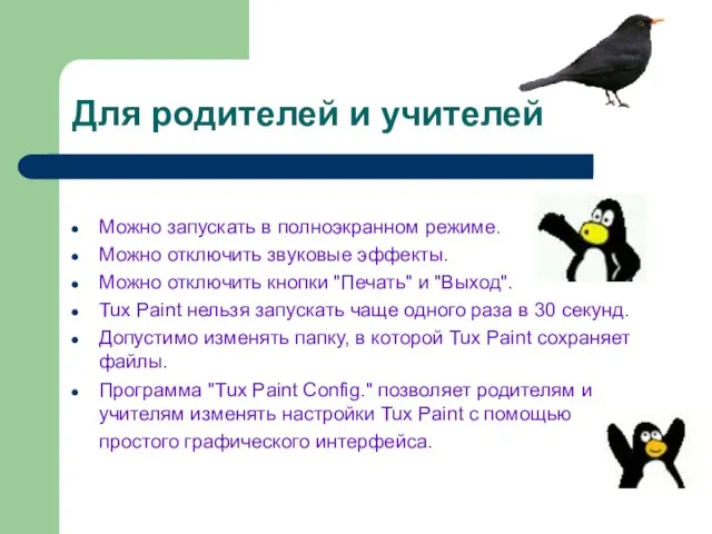 Для родителей и учителей Можно запускать в полноэкранном режиме. Можно отключить звуковые