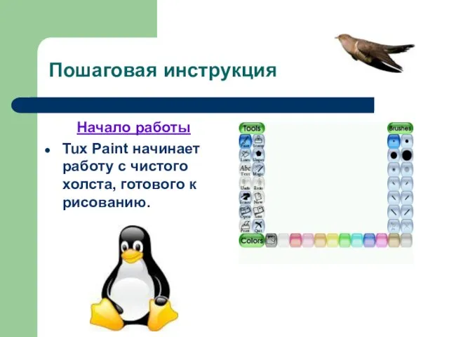 Пошаговая инструкция Начало работы Tux Paint начинает работу с чистого холста, готового к рисованию.