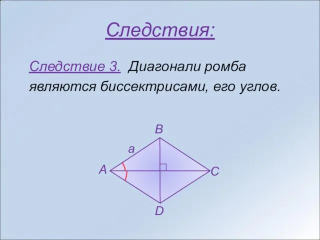 Следствия: Следствие 3. Диагонали ромба являются биссектрисами, его углов.