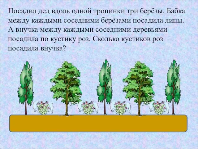 Посадил дед вдоль одной тропинки три берёзы. Бабка между каждыми соседними берёзами