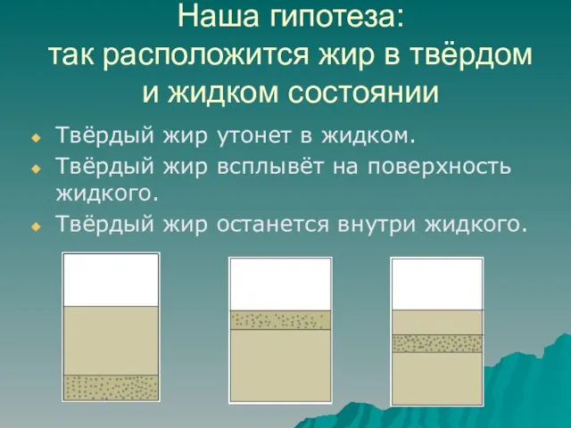 Наша гипотеза: так расположится жир в твёрдом и жидком состоянии Твёрдый жир