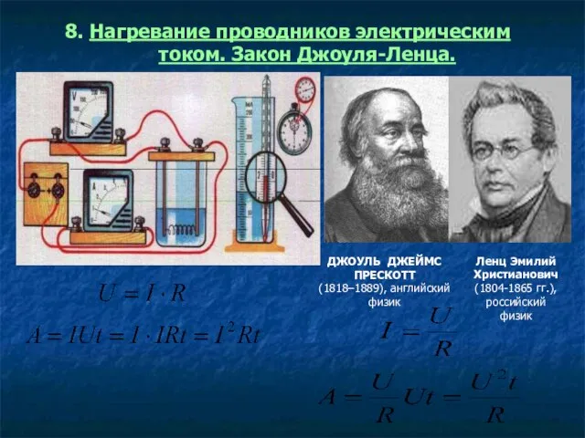 8. Нагревание проводников электрическим током. Закон Джоуля-Ленца. ДЖОУЛЬ ДЖЕЙМС ПРЕСКОТТ (1818–1889), английский