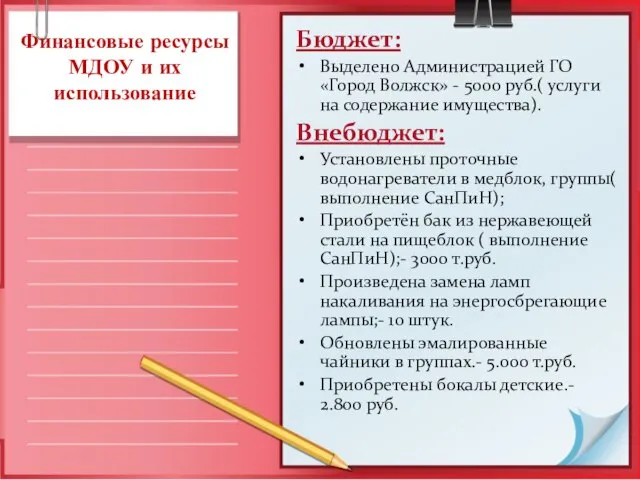 Финансовые ресурсы МДОУ и их использование Бюджет: Выделено Администрацией ГО «Город Волжск»