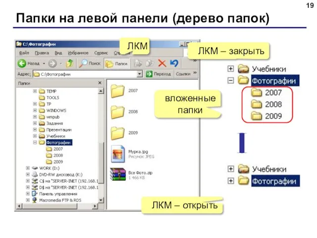 Папки на левой панели (дерево папок) ЛКМ ЛКМ – закрыть вложенные папки ЛКМ – открыть