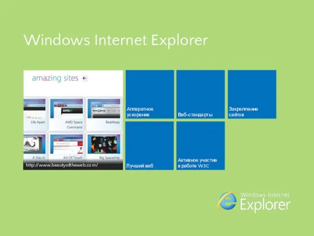 Windows Internet Explorer Активное участие в работе W3C Аппаратное ускорение Лучший веб Веб-стандарты http://www.beautyoftheweb.com/ Закрепление сайтов