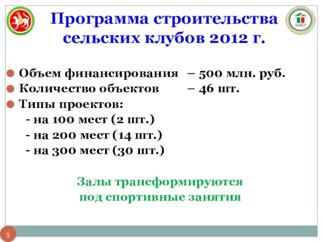 Программа строительства сельских клубов 2012 г. Объем финансирования – 500 млн. руб.