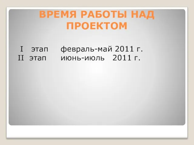 ВРЕМЯ РАБОТЫ НАД ПРОЕКТОМ I этап февраль-май 2011 г. II этап июнь-июль 2011 г.