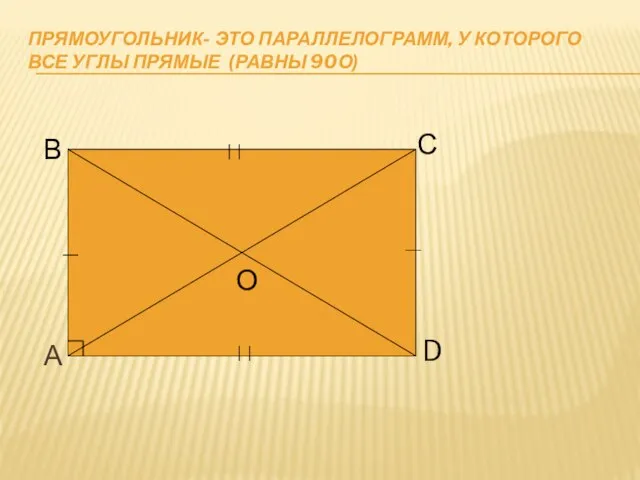 ПРЯМОУГОЛЬНИК- ЭТО ПАРАЛЛЕЛОГРАММ, У КОТОРОГО ВСЕ УГЛЫ ПРЯМЫЕ (РАВНЫ 90О) А В С D О