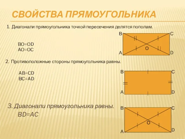 СВОЙСТВА ПРЯМОУГОЛЬНИКА 3. Диагонали прямоугольника равны. BD=AC 2. Противоположные стороны прямоугольника равны.