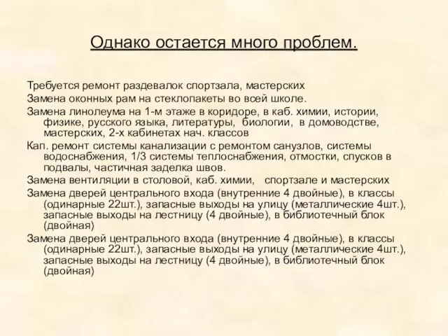 Однако остается много проблем. Требуется ремонт раздевалок спортзала, мастерских Замена оконных рам