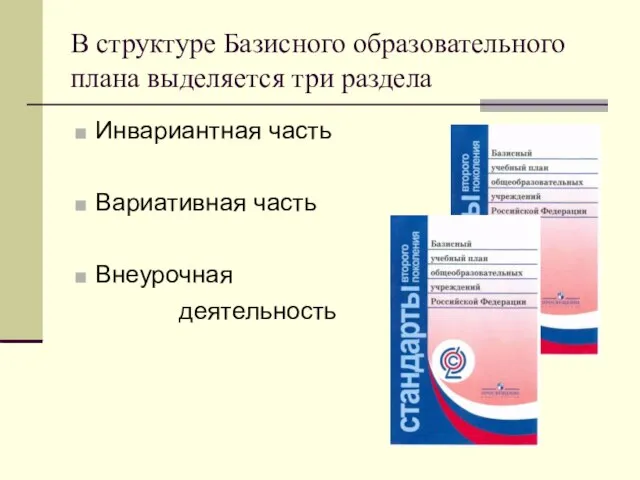 В структуре Базисного образовательного плана выделяется три раздела Инвариантная часть Вариативная часть Внеурочная деятельность