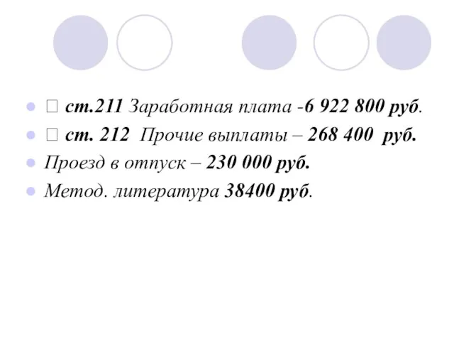 ⮚ ст.211 Заработная плата -6 922 800 руб. ⮚ ст. 212 Прочие