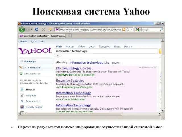 Поисковая система Yahoo Перечень результатов поиска информации осуществлённой системой Yahoo