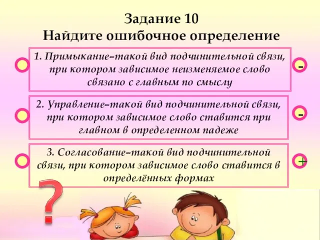 - - + Задание 10 Найдите ошибочное определение 1. Примыкание–такой вид подчинительной