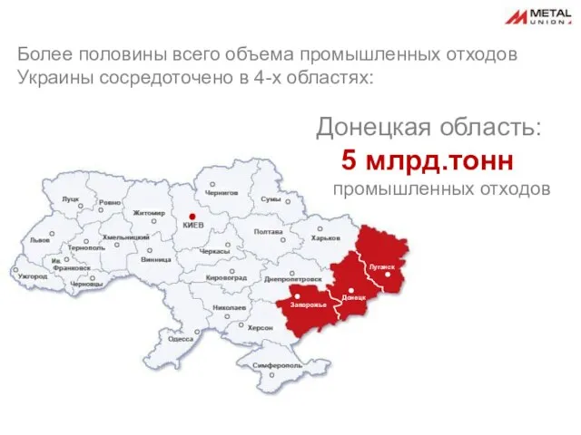 Более половины всего объема промышленных отходов Украины сосредоточено в 4-х областях: Луганская