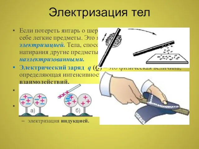 Электризация тел Если потереть янтарь о шерсть, он начинает притягивать к себе