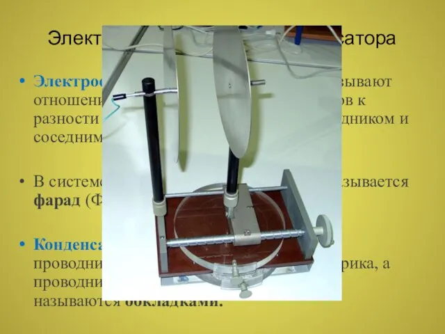 Электроемкостью двух проводников называют отношение заряда q одного из проводников к разности