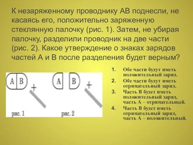 К незаряженному проводнику АВ поднесли, не касаясь его, положительно заряженную стеклянную палочку