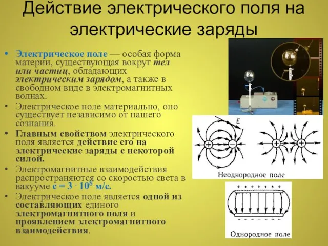 Действие электрического поля на электрические заряды Электрическое поле — особая форма материи,