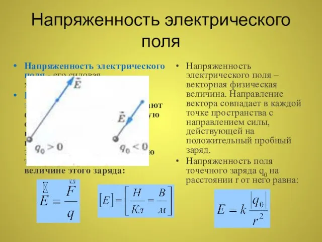 Напряженность электрического поля - его силовая характеристика. Напряженностью электрического поля называют физическую