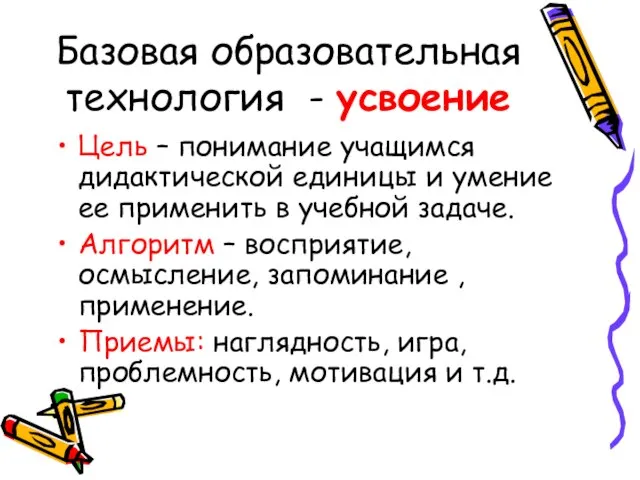 Базовая образовательная технология - усвоение Цель – понимание учащимся дидактической единицы и