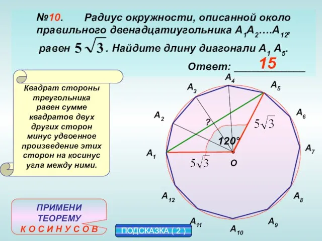 №10. Радиус окружности, описанной около правильного двенадцатиугольника А1А2….А12, равен . Найдите длину