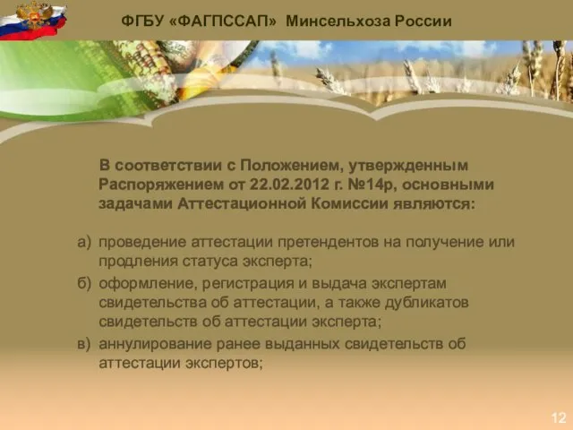 ФГБУ «ФАГПССАП» Минсельхоза России 12 В соответствии с Положением, утвержденным Распоряжением от