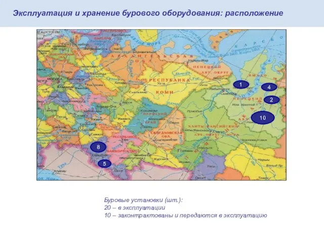 Эксплуатация и хранение бурового оборудования: расположение Буровые установки (шт.): 20 – в