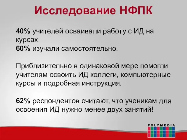 Исследование НФПК 40% учителей осваивали работу с ИД на курсах 60% изучали