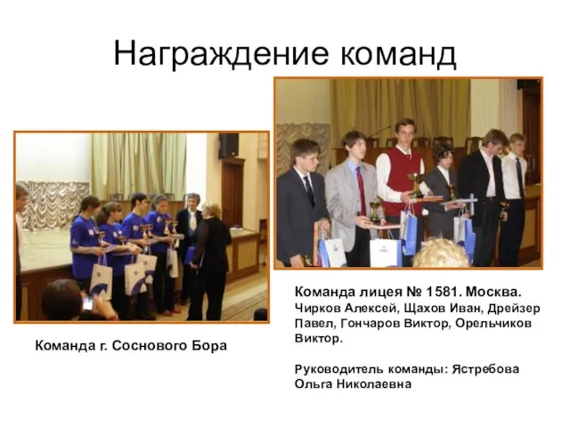 Награждение команд Команда г. Соснового Бора Команда лицея № 1581. Москва. Чирков