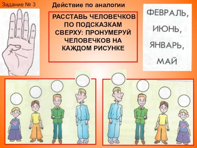 Действие по аналогии Задание № 3 РАССТАВЬ ЧЕЛОВЕЧКОВ ПО ПОДСКАЗКАМ СВЕРХУ: ПРОНУМЕРУЙ ЧЕЛОВЕЧКОВ НА КАЖДОМ РИСУНКЕ