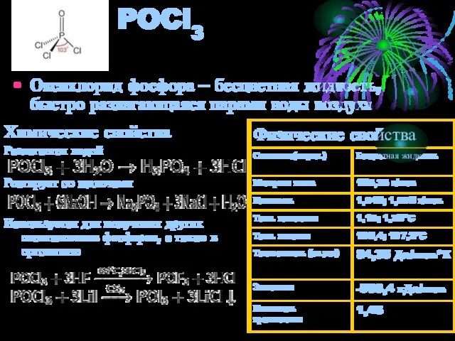 POCl3 Оксихлорид фосфора – бесцветная жидкость, быстро разлагающаяся парами воды воздуха Химические