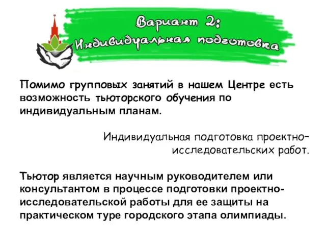 Помимо групповых занятий в нашем Центре есть возможность тьюторского обучения по индивидуальным