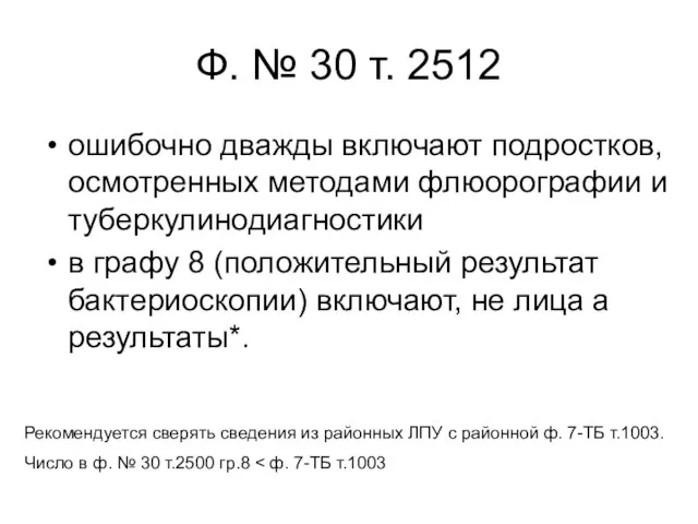 Ф. № 30 т. 2512 ошибочно дважды включают подростков, осмотренных методами флюорографии