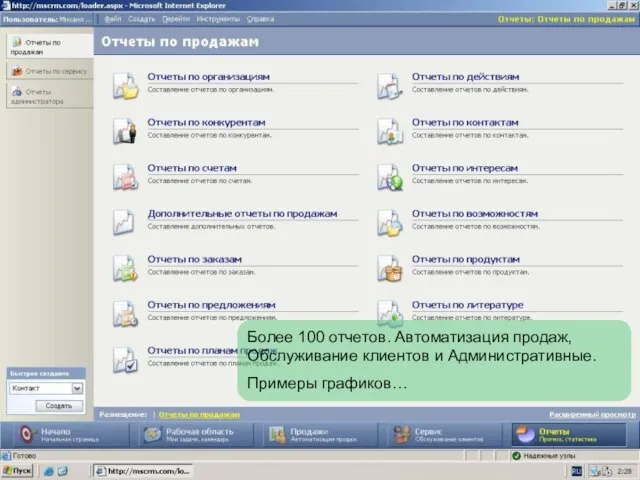 Более 100 отчетов. Автоматизация продаж, Обслуживание клиентов и Административные. Примеры графиков…