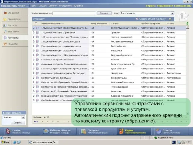 Управление сервисными контрактами с привязкой к продуктам и услугам. Автоматический подсчет затраченного